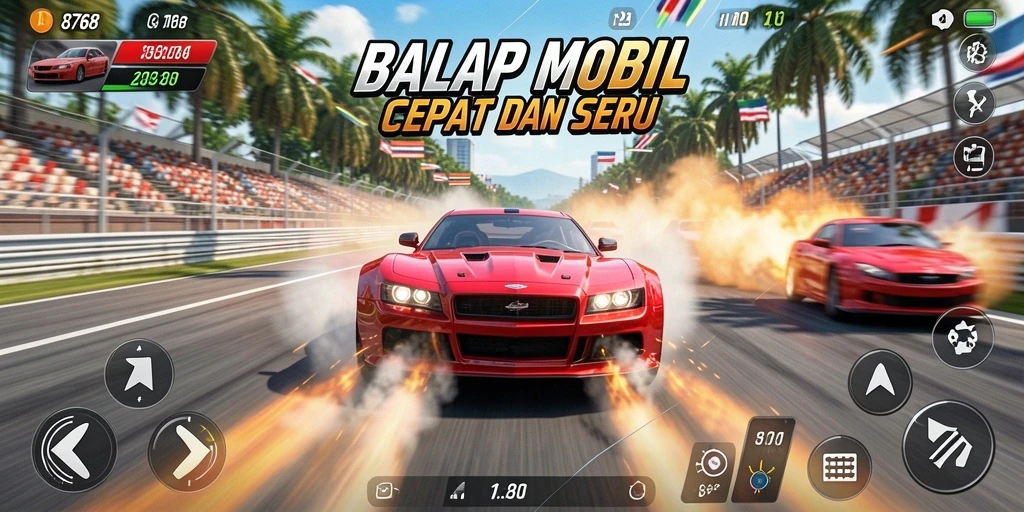 Screenshot menunjukkan mobil balap melaju kencang di trek menantang.