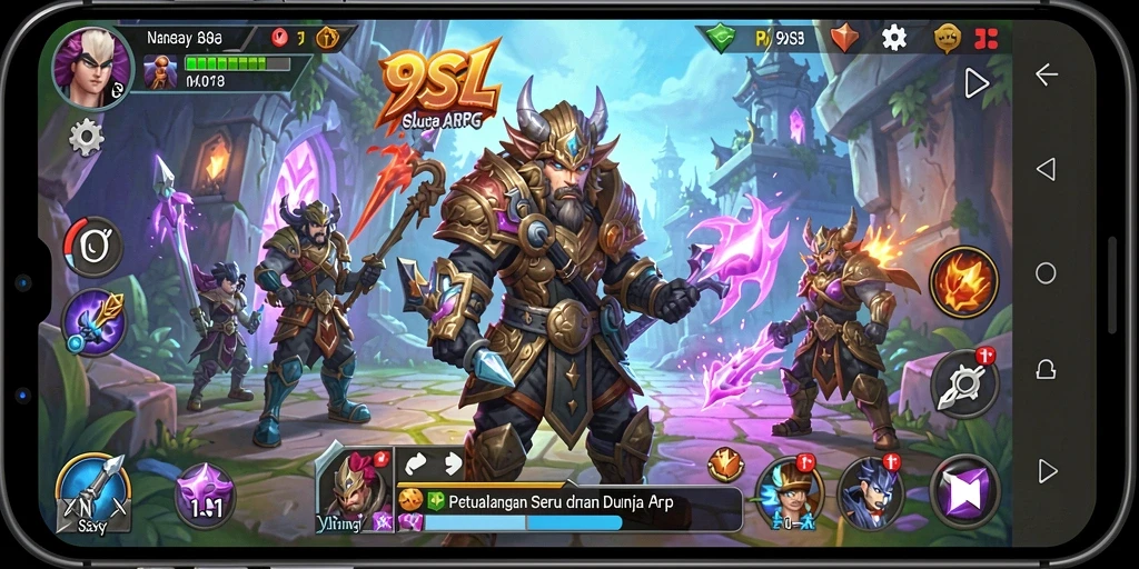 Tampilan layar permainan ARPG 9SL menampilkan pertarungan dramatis dan karakter yang detail.