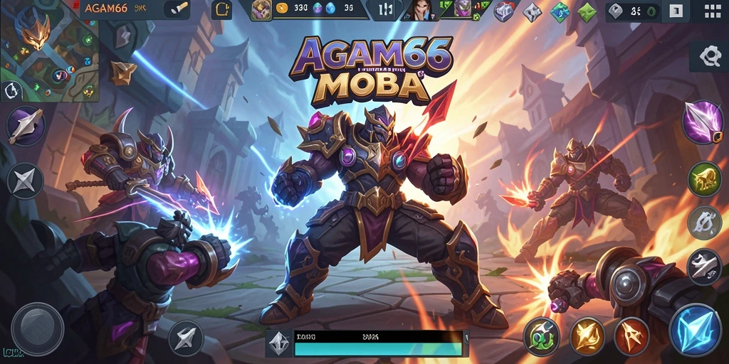 Gambaran gameplay seru dalam AGAM66, pertarungan antar karakter MOBA.