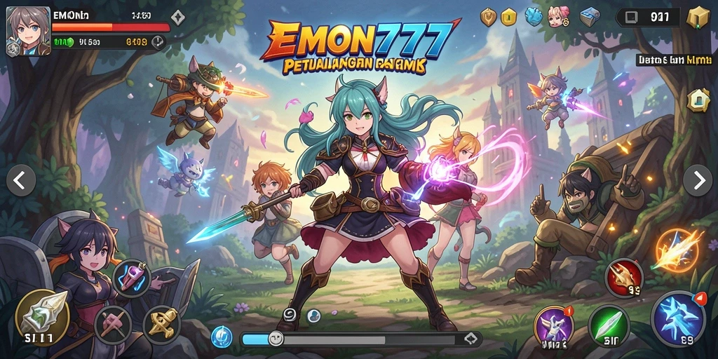 Screenshot gameplay EMON777 dengan karakter anime yang dinamis.