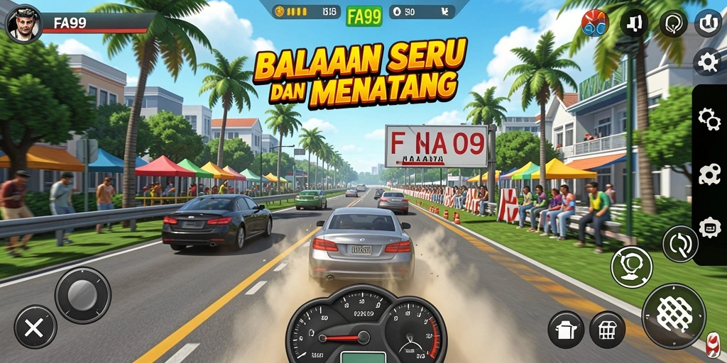 Tampilan gameplay seru dalam balapan FA99 dengan berbagai mobil dan trek.