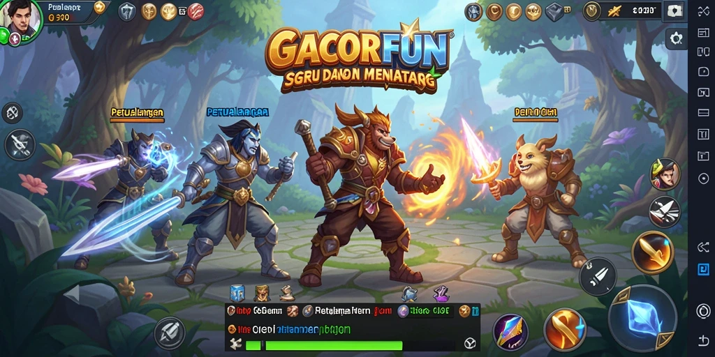 Screenshot gameplay GACORFUN menampilkan pertarungan epik dan karakter menarik.