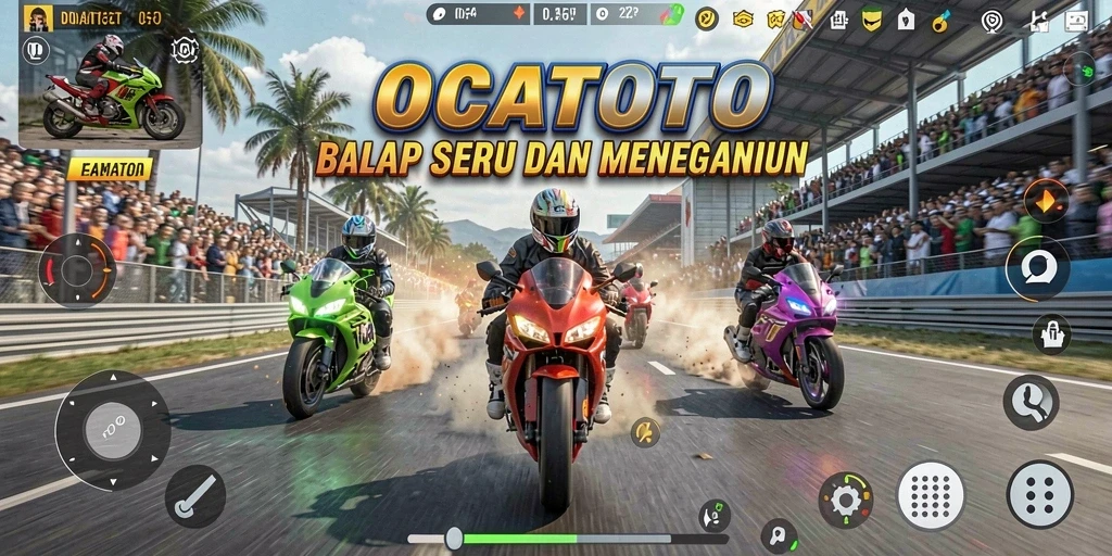 Tampilan gameplay seru OCATOTO dengan aksi balap motor yang cepat.