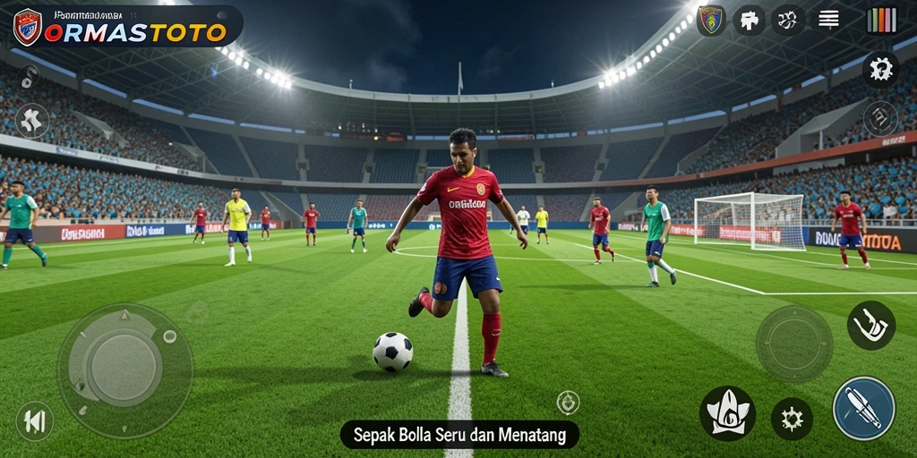 Screenshot gameplay ORMASTOTO menampilkan aksi seru di lapangan sepak bola.