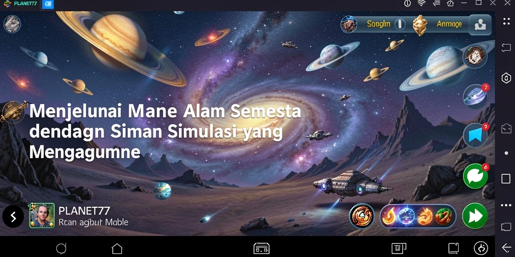 Tampilan gameplay PLANET77 yang menunjukkan eksplorasi planet yang beragam.