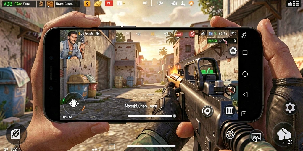 Tampilan gameplay V98 dengan aksi tembak-menembak yang intens.