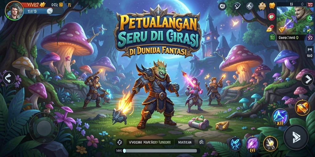Tangkapan layar utama VV62 menampilkan karakter berpetualang dalam lingkungan fantastis.